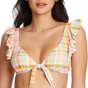 BLEU Rod Beattie Hip to Be Square Plaid Ruffle Bikini Top Multi 8